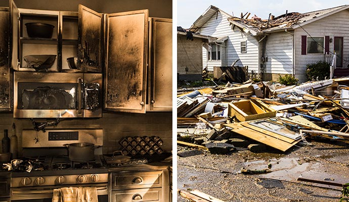 collage of fire and storm damaged house