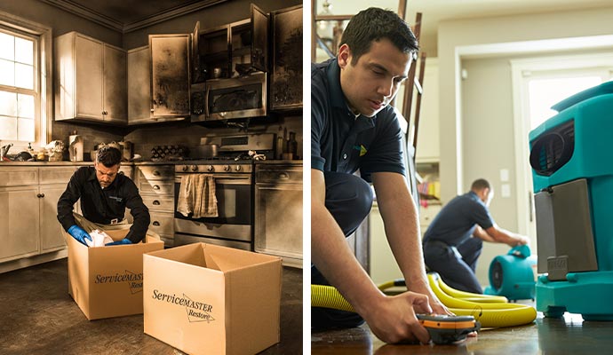 collage of professionals restoring fire and water damage 