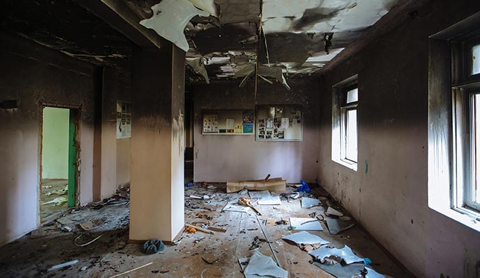 A fire damaged room