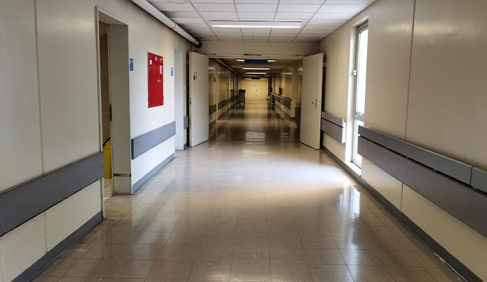 A restored health care facility corridor