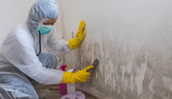 professional worker cleaning mold from the wall