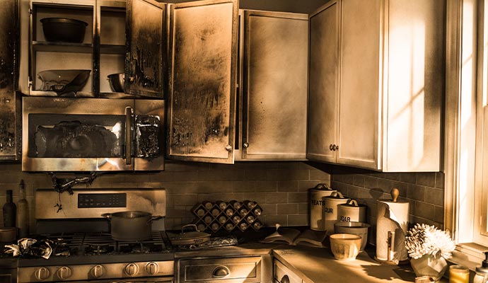 a smoke damaged kitchen