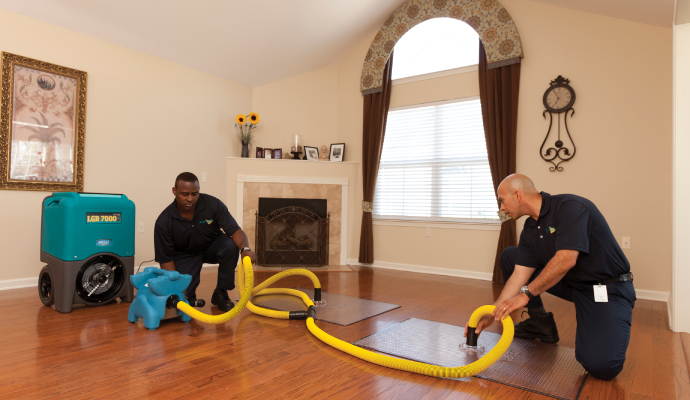 Professional team restoring water damaged house using equipment