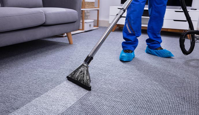 professional worker cleaning carpet with professional equipment 